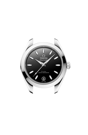 Profilo laterale della cassa in acciaio lucido e spazzolato da 30 mm con vetro zaffiro bombato antiriflesso e corona a vite Omega.